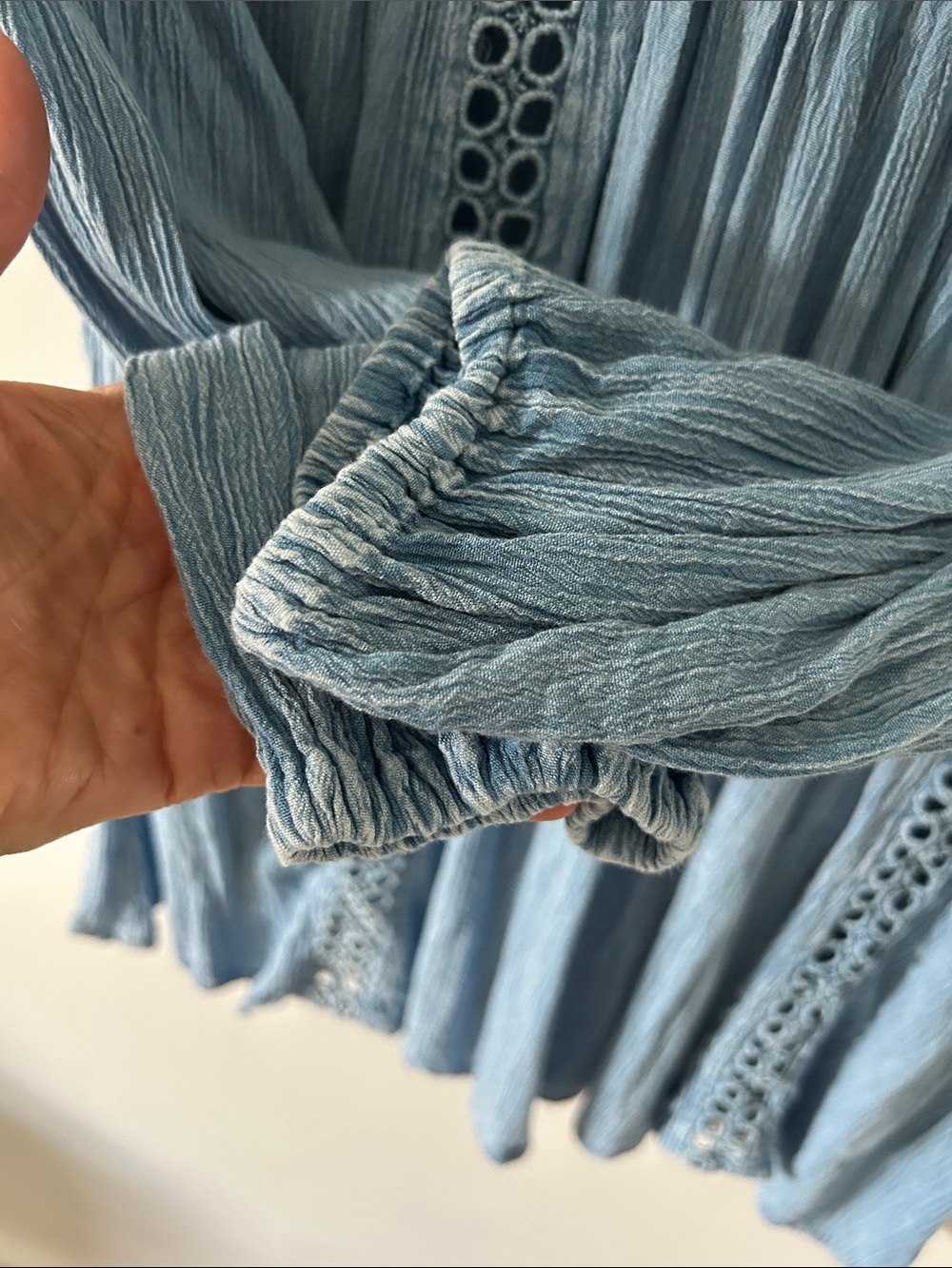 Boho Y2K Light Blue Lace-Trim Women's Peasant Top Eyelet Detail Cottagecore - Picture 4 of 12